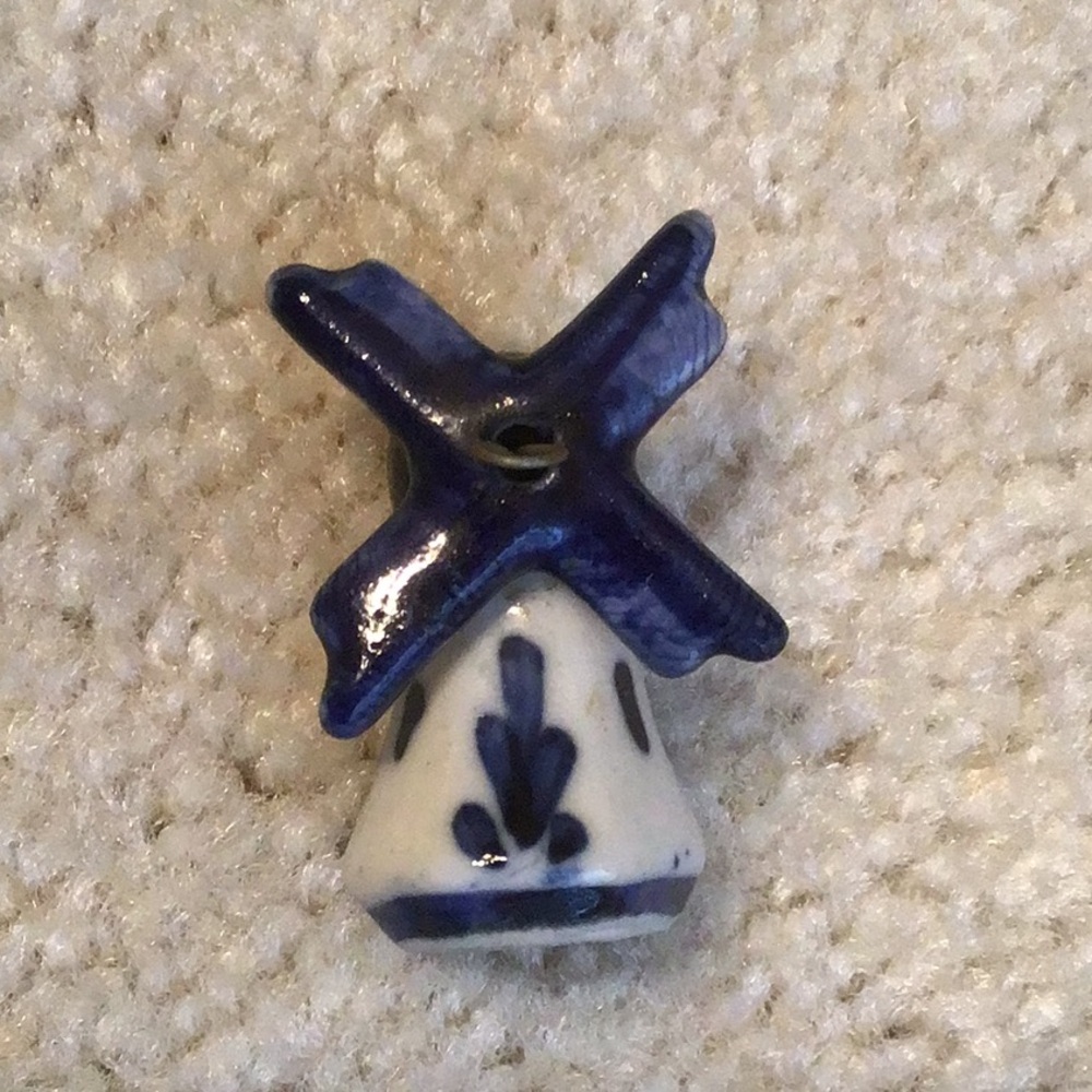 Vintage Delft Blue Ceramic Windmill, Blue/White, Approximately 2” Tall